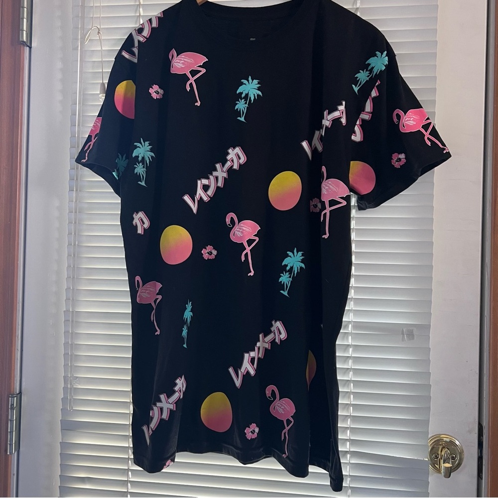 LAUNDER Men’s Black Flamingo Graphic Men's Tee, Tropical Shirt